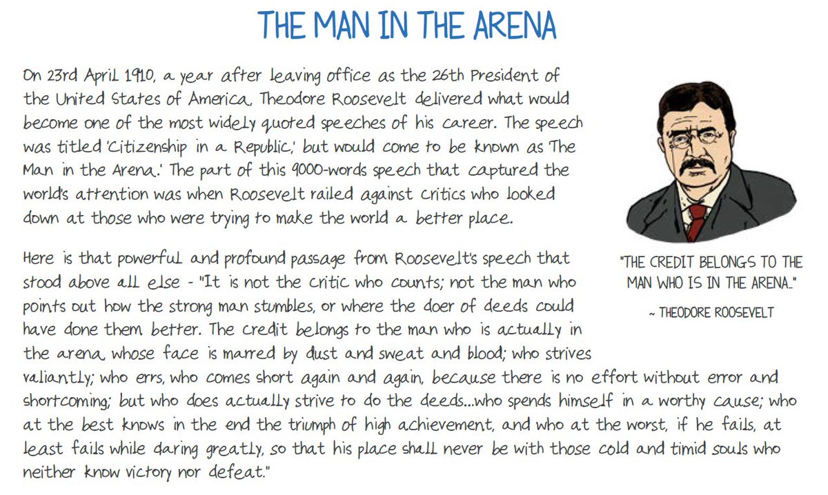 safalniveshak's tweet photo. Each time you see someone negatively criticizing someone else for his/her work, marked by some mistakes and falls, remember Roosevelt's Man in the Arena speech.

“It is not the critic who counts...The credit belongs to the man who is actually in the arena.” https://t.co/dx6vo5Ji37