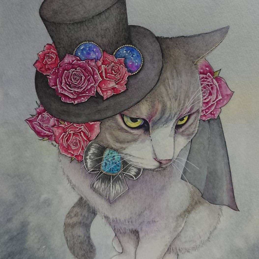 「#作品を載せて自分の作品を知ってもらおう主に猫の絵を描きます。シルクハットにプラ」|ま。(machiko.)@妖精妖怪展・posfes.vol.2のイラスト