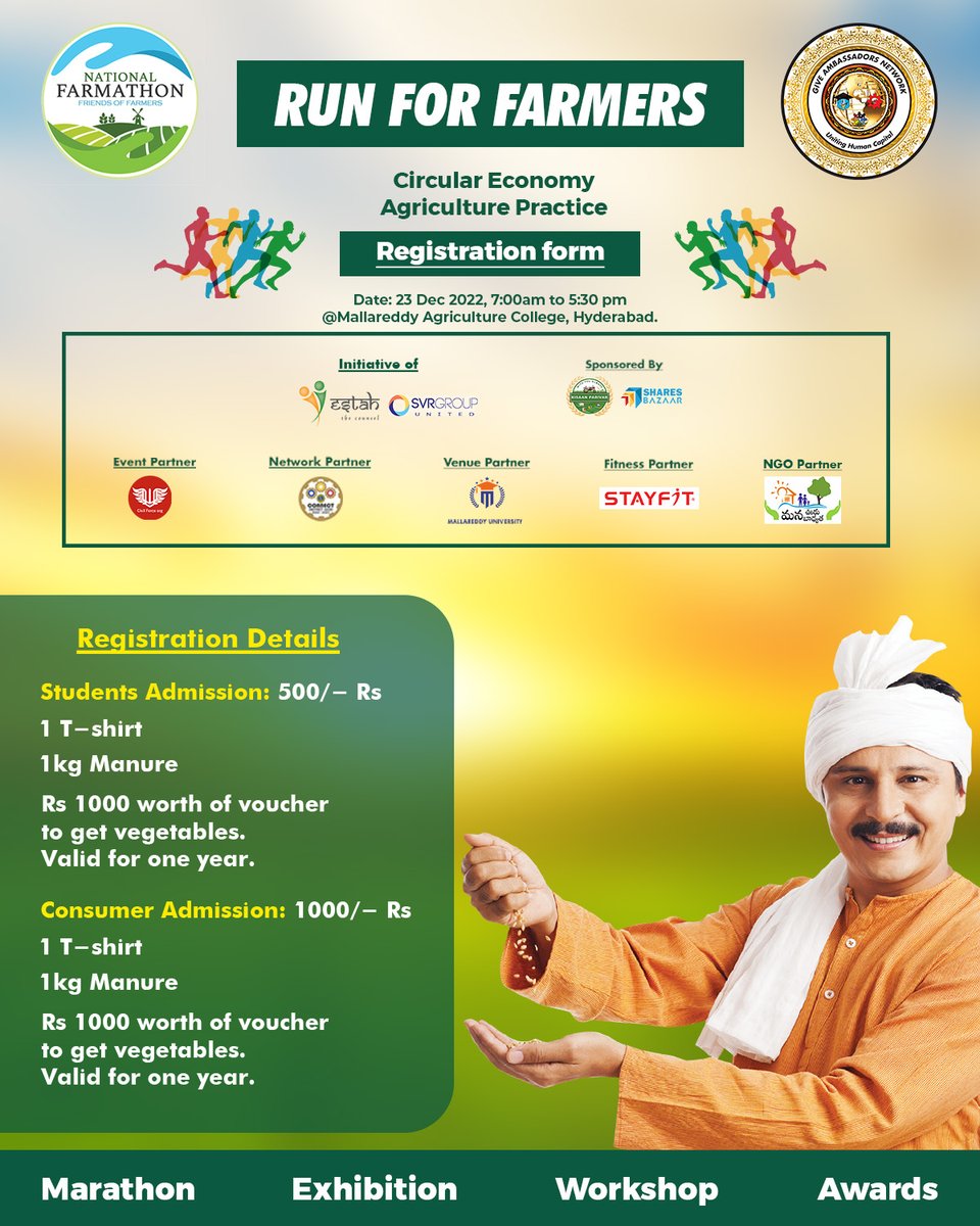 NFarmathon's tweet photo. Circular Economy Agriculture Practice

Venue - Malla reddy Agriculture College, Hyderabad, Telangana

Date &amp; Timing - 23-DEC-2022
Farmathon - 7 am to 9 am
Speakers event - 11 am to 3 pm
Awards Ceremony- 3 pm to 4 pm

Registration Link- https://t.co/cwcB40UHD0 https://t.co/w7mlaDOSXl