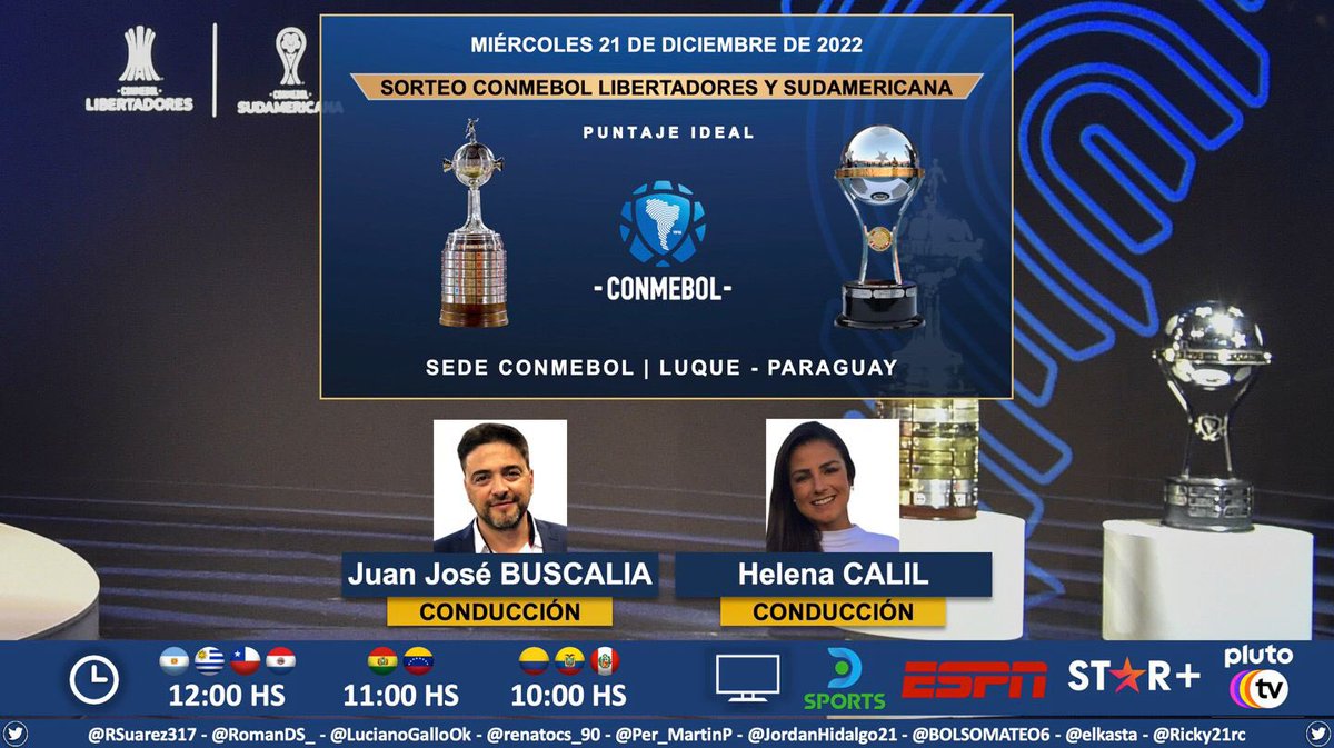 ⚽ #SorteoConmebol | Fase previa #Libertadores - #Sudamericana 2023

El evento estará bajo la conducción de <a href="/jbuscalia/">Juanjo Buscalia</a> y <a href="/Helena_Calil/">Helena Calil</a>. 

📺 <a href="/DSports/">DSPORTS</a> - #ESPN
💻📱 @DIRECTVGO - <a href="/StarPlusLA/">starplusla</a> - @PlutoTV_LATAM

🤳 #LIBERTADORESxESPN - #SudamericanaEnDIRECTV

Dale RT 🔃