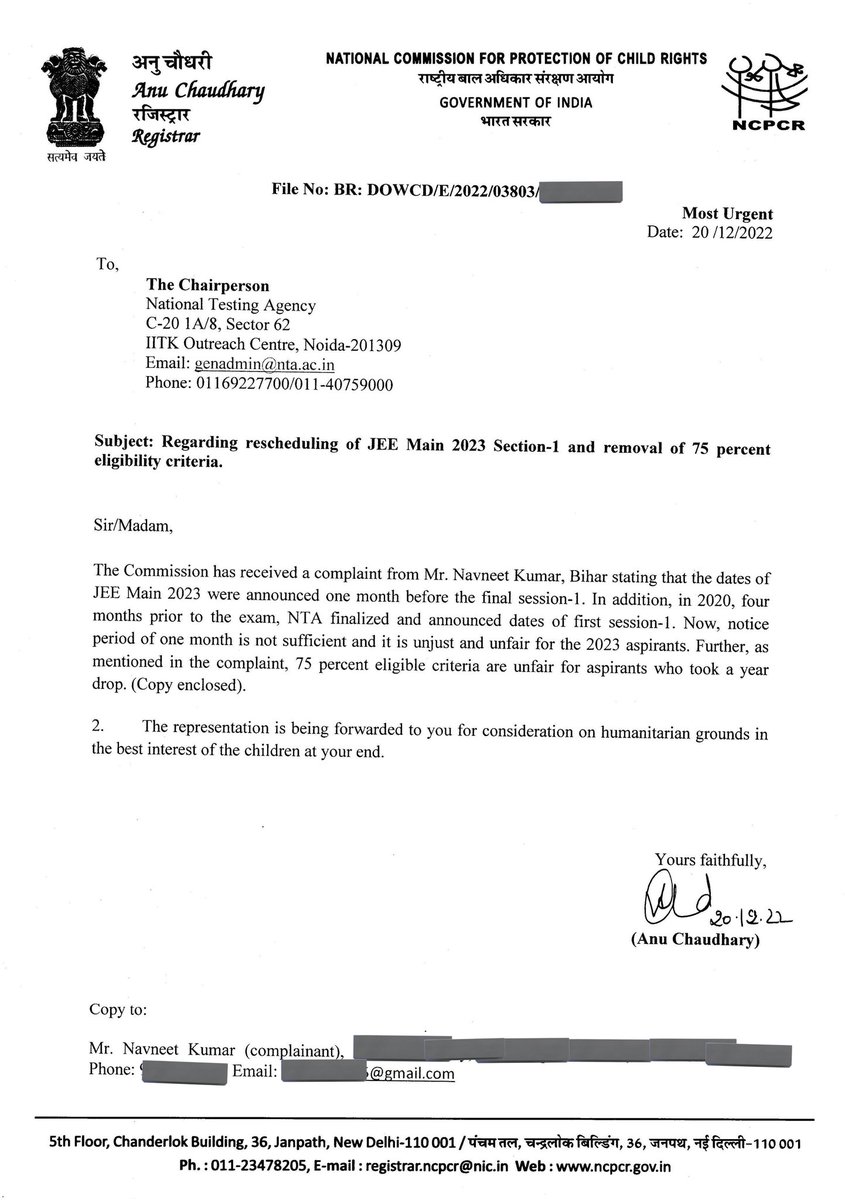 Official_AISU's tweet photo. Today @NCPCR_ has forwarded our representation to Chairperson, NTA 
for consideration on humanitarian grounds in the best intrest of children. 

#namojihelpjeeaspirant #postponejanattempt #goback75 #jeemainsinapril https://t.co/cND5wLXPmm