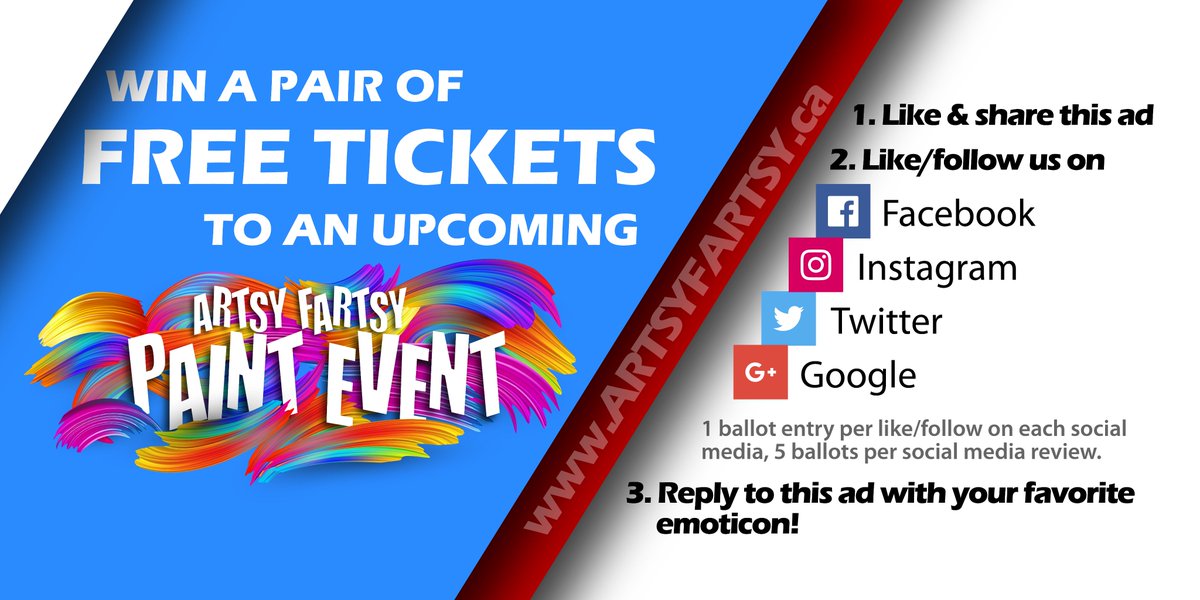 ArtsyFartsy_ca's tweet photo. Win a free pair of paint event tickets! $90 value!  (1) like and share this ad, (2) like/follow us on Facebook, Instagram, Twitter and/or Google (1 ballot per social media platform) and (3) reply to this ad with your favorite emoticon! 
#artsyfartsy #diptapsqueezespank https://t.co/Wr0wyNHIf9