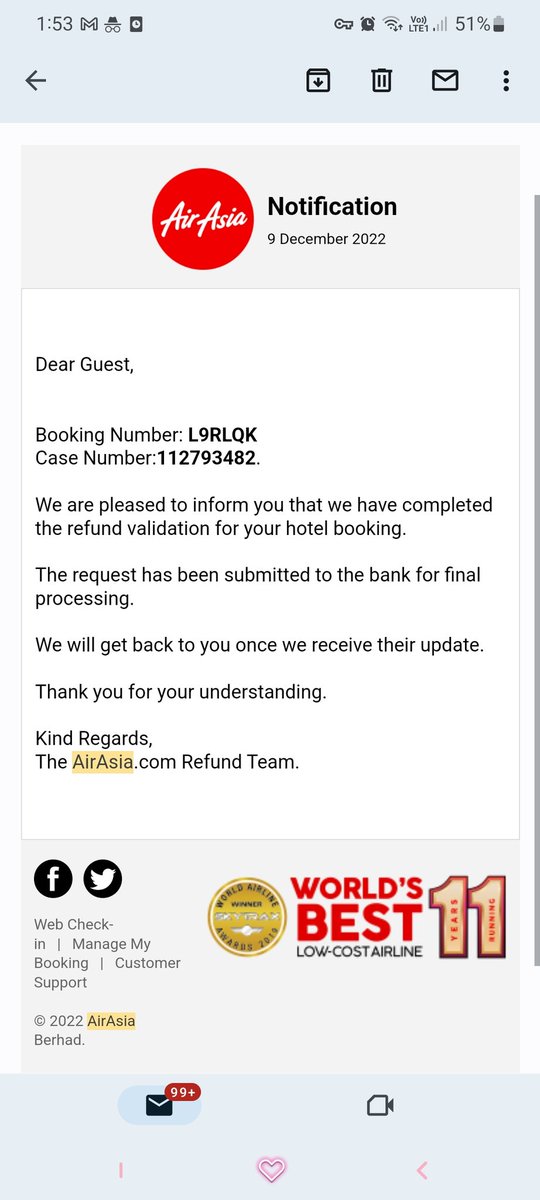 raelitybyte's tweet photo. @airasia where is my refund! It's been more than a week than since your last email , did you actually submit to the bank for processing, why is it taking so long when average is 5 to 7 days. On top of that , why am I receiving this conflicting email about flight change https://t.co/09Qx1wQ5sS