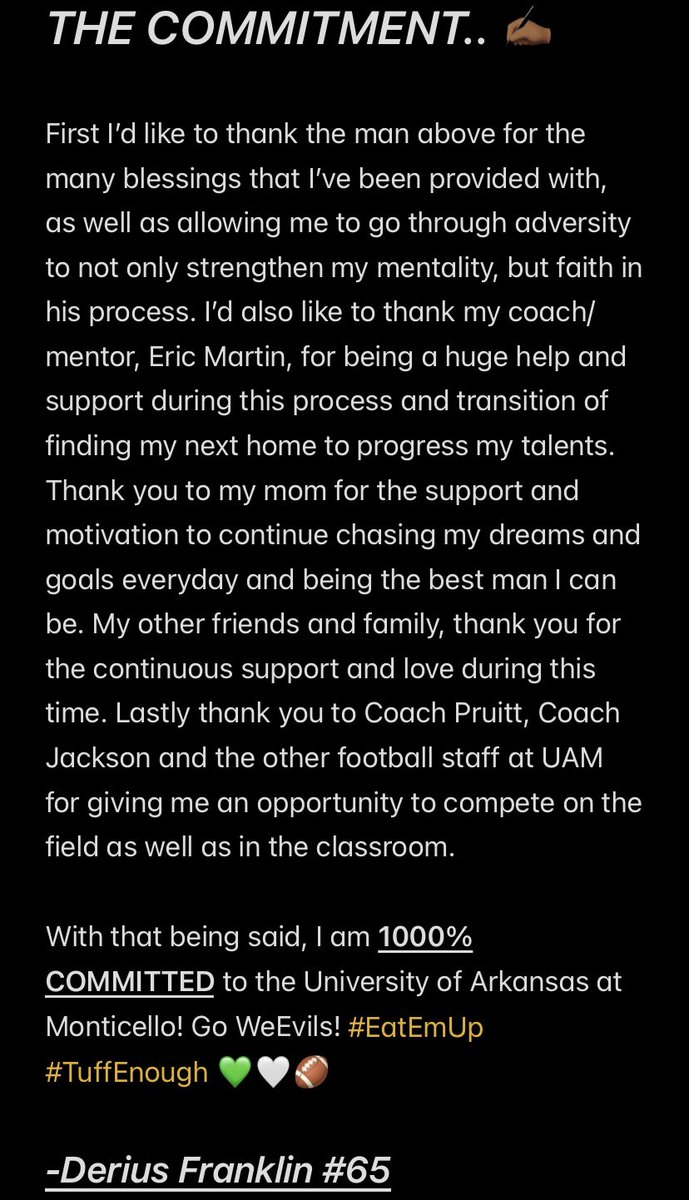 DeriusF's tweet photo. Let’s get to work!! 1000% COMMITTED 🤝🏾💚🤍🏈
“Trust in the Lord with all your heart; do not depend on your own understanding. Seek His will in all you do, and He will show you which path to take.” - Proverbs 3:5-6
65 x @WeevilFootball #TuffEnough #EatEmUp https://t.co/3OZU57ss3L