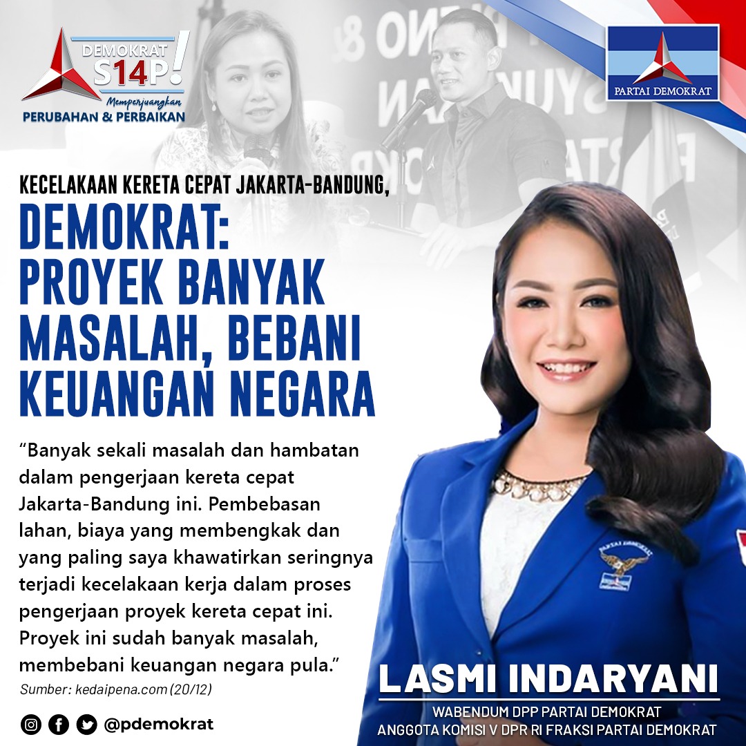"Banyak sekali masalah dan hambatan dalam pengerjaan kereta cepat Jakarta-Bandung ini. pembebasan lahan, biaya yang membengkak dan yang paling saya khawatirkan seringnya terjadi kecelakaan kerja dalam proses pengerjaan proyek kereta cepat ini." - Lasmi Indaryani -