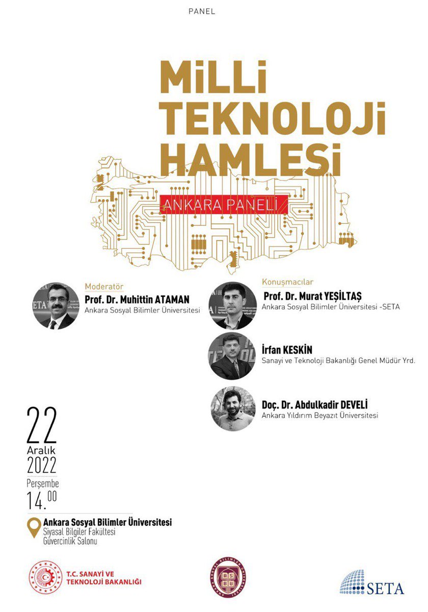 Ülkemizin Teknoloji Gücü; #MilliTeknolojiHamlesi 22 Aralık saat 14:00 #Ankara Paneli @TCSanayi