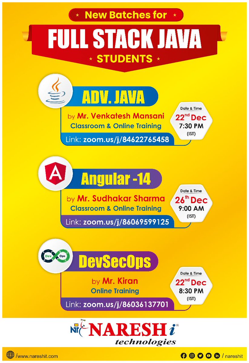 nareshitech's tweet image. 👉Upcoming New Batches for Full Stack Java Students.
🔥Courses:
👉Advanced Java: bit.ly/3FFufpT
👉Angular 14: bit.ly/3Wy4AGn
👉DevSecOps: bit.ly/3G6b9uv
#Devops #advancedjava #angular14 #cloudcomputing #learning #onlinetraining #education