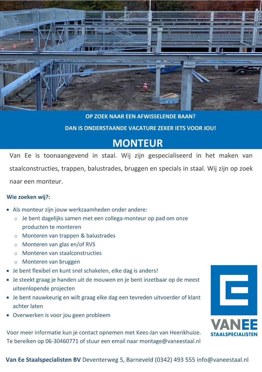 Wie wil er monteur worden bij ons? Samen prachtige prachtige projecten realiseren! Reageer op deze vacature! We hebben ook nog andere vacatures zie: vaneestaal.nl/vacature-overz…

#Montage #Monteur #Projecten #Vacature #Hiring #EECULAIR #Staaltotaal #Staalconstructie #Trappen