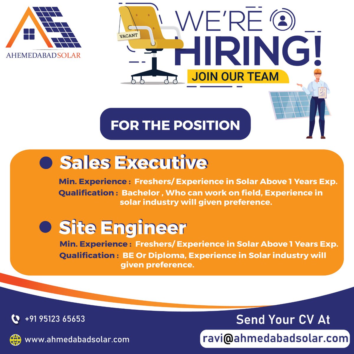 ahmedabad_solar's tweet image. 𝐖𝐞 𝐚𝐫𝐞 𝐇𝐢𝐫𝐢𝐧𝐠 𝐟𝐨𝐫 𝐭𝐡𝐞 𝐏𝐨𝐬𝐢𝐭𝐢𝐨𝐧:
1. Site Engineer 
2. Sales Executive 
📱+919512365653

#ProjectHead #SiteEngineer #BackOfficeWork #SalesExecutive #SolarIndustry