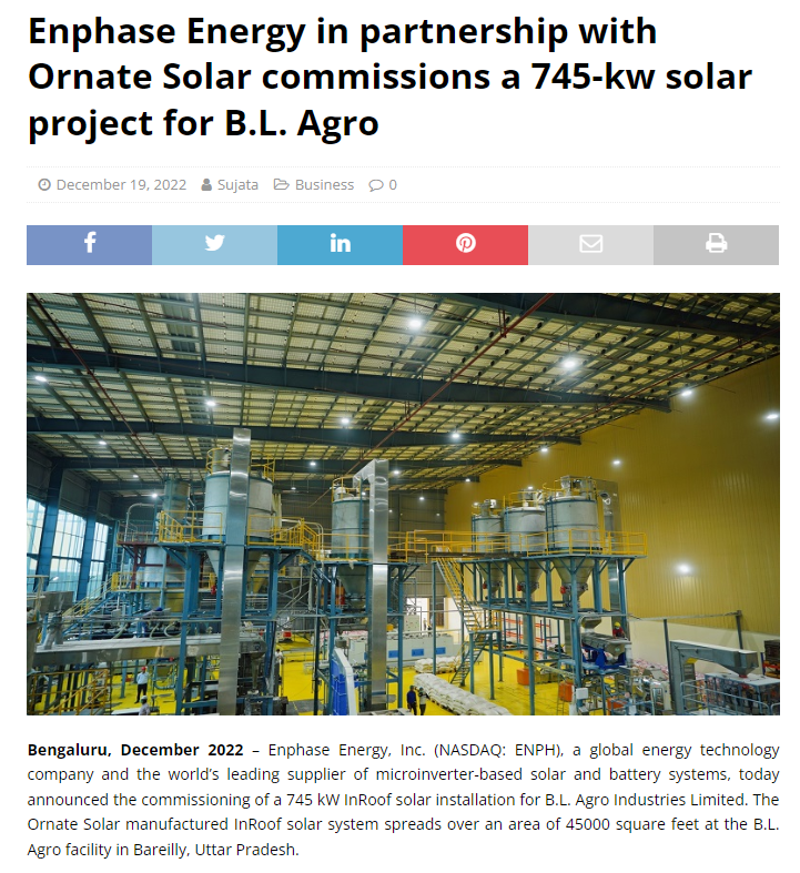 Enphase_India's tweet photo. Enphase is proud to announce the commissioning of a 745 kw solar project for BL Agro in partnership with Ornate Solar.

#solarenergy #EnphaseEnergy #OrnateSolar https://t.co/N6kUOavlYt
