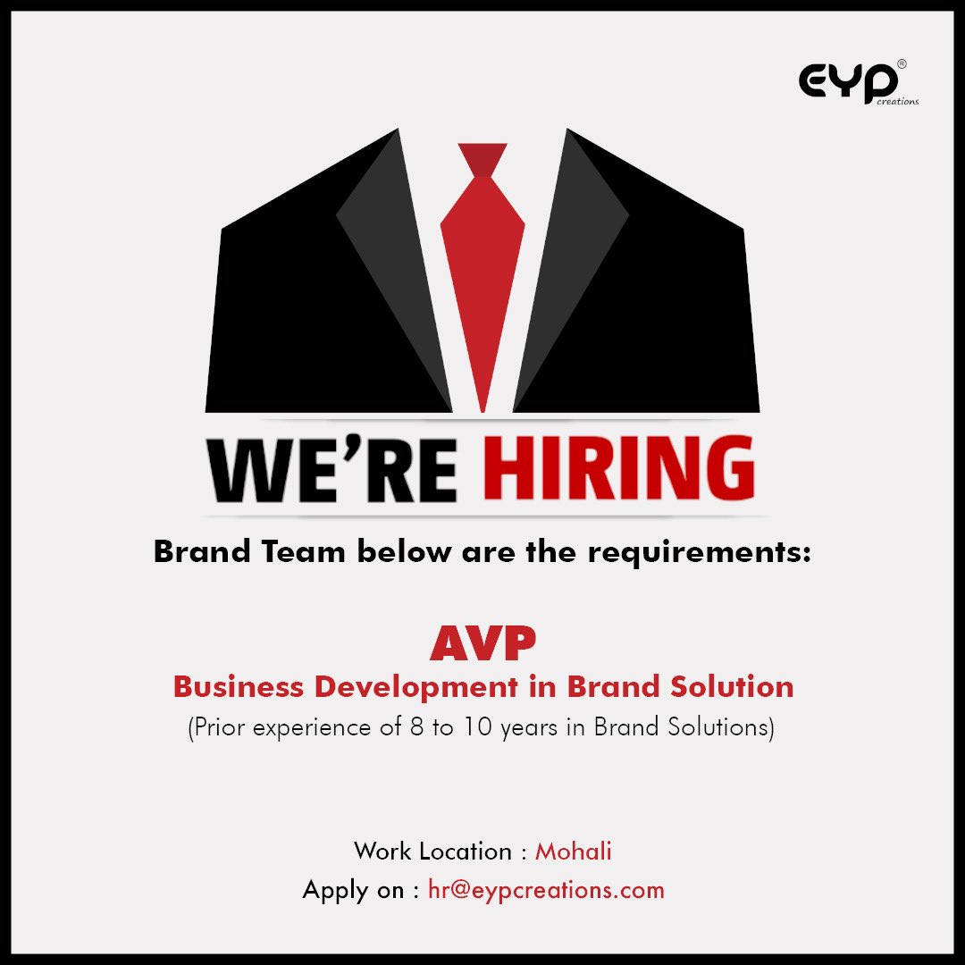 EYP Creations (@eypcreations) on Twitter photo Do you want to love where you work? If so, we've the right openings for you! Drop your resumes at hr@eypcreations.com and we'll be back to you very soon.
.
.
#hiring #hiringalert #job #mohali #eypcreations #jobalert #businessdevelopment #chandigarh #brandsolutions #hiringnow Do you want to love where you work? If so, we've the right openings for you! Drop your resumes at hr@eypcreations.com and we'll be back to you very soon.
.
.
#hiring #hiringalert #job #mohali #eypcreations #jobalert #businessdevelopment #chandigarh #brandsolutions #hiringnow