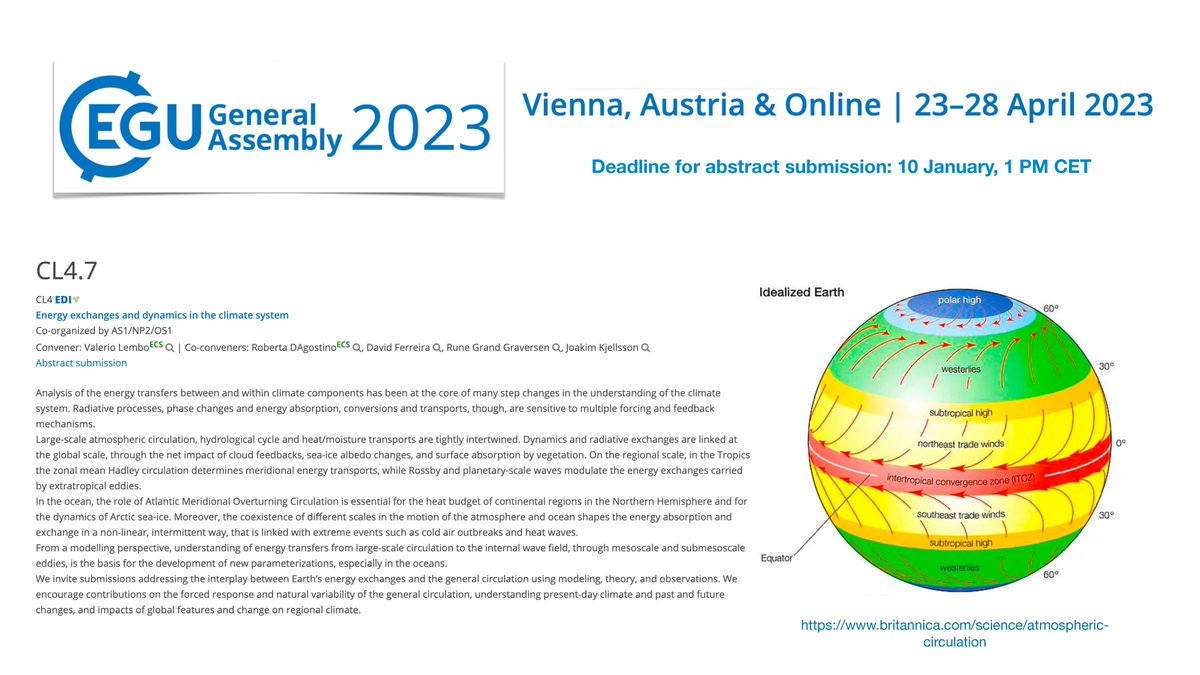 Valerio Lembo (@valeriolembo) on Twitter photo Thinking of the season's break? Don't forget to set your mind first for the abstract submission to #EGU23!
You may consider submitting an abstract to session CL4.7 on "Energy exchanges and dynamics in the climate system"...
<a href="/EGU_NP/">EGU Nonlinear Processes in Geosciences Division</a> <a href="/EGU_Ocean/">EGU Ocean Sciences</a> <a href="/EGU_Atmos/">EGU Atmospheric Sci</a> <a href="/EGU_Climate/">EGU Climate Division</a> Thinking of the season's break? Don't forget to set your mind first for the abstract submission to #EGU23!
You may consider submitting an abstract to session CL4.7 on "Energy exchanges and dynamics in the climate system"...
<a href="/EGU_NP/">EGU Nonlinear Processes in Geosciences Division</a> <a href="/EGU_Ocean/">EGU Ocean Sciences</a> <a href="/EGU_Atmos/">EGU Atmospheric Sci</a> <a href="/EGU_Climate/">EGU Climate Division</a>