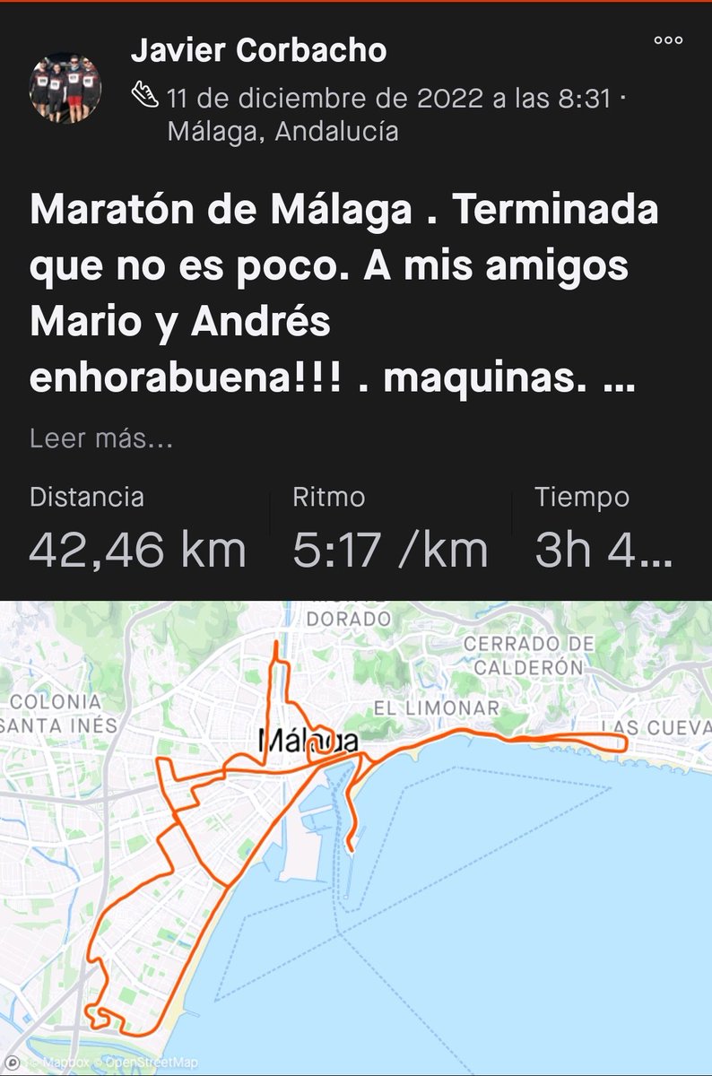 A los que nos gusta este deporte sabemos lo duro que es preparar una prueba como una maratón, si además ese día llueve y tienes molestias físicas pues acabarla se convierte en un infierno. Esto es lo que pasó a nuestro compi Javi Corbacho en la maratón de Malaga. Enhorabuena 👏👏