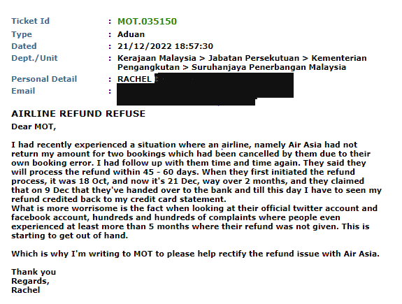raelitybyte's tweet photo. @airasia Because you're refusing to provide my refund and several other people refund as promised in the timeline stipulated, I've already lodged a complaint to the Ministry of Transport. I suggest other affected customers to also lodged complaint as well against Air Asia https://t.co/BRubISOn5e
