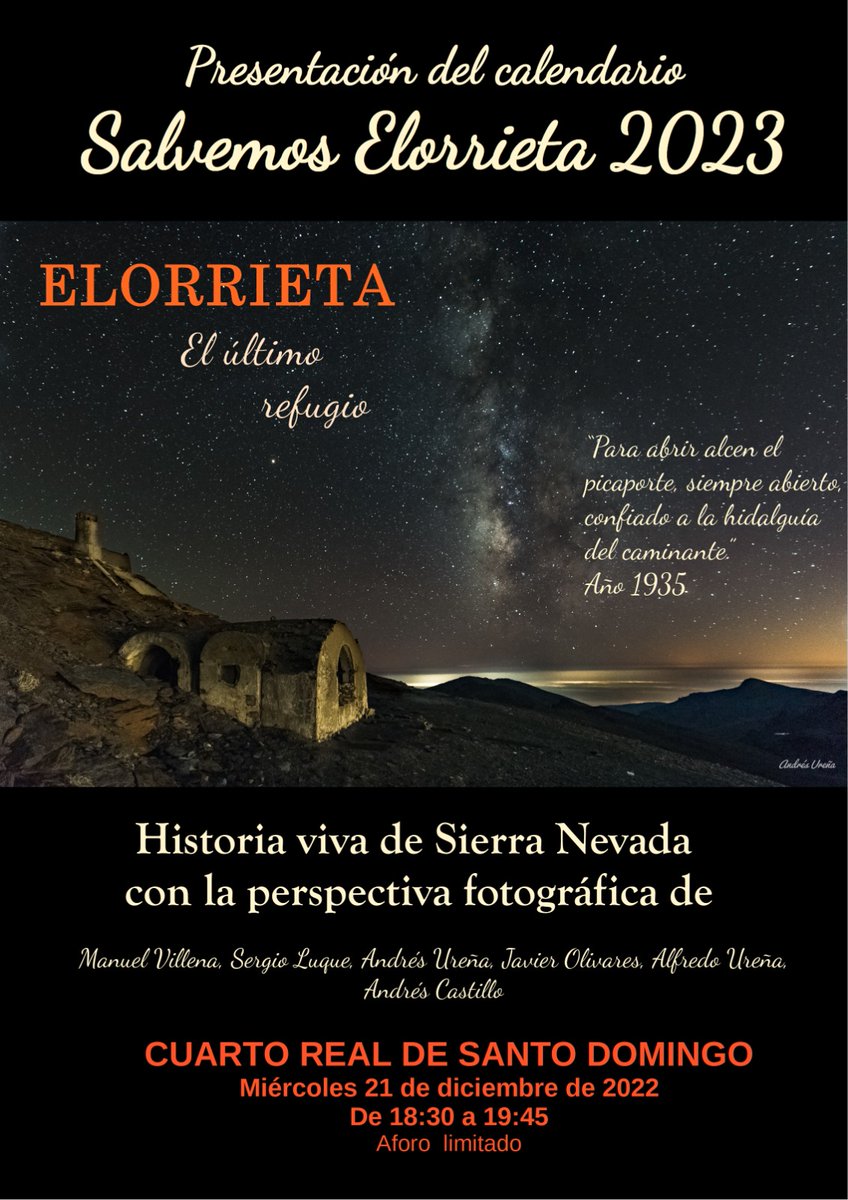 AgenciaAlbaicin's tweet image. Esta tarde concluimos la programación de actividades culturales de la sala de conferencias del @cuartoreal hasta el año que viene con la presentación del Almanaque 2023 del #RefugioElorrietaSierraNevada y un coloquio sobre su estado de conservación: 18,30 h