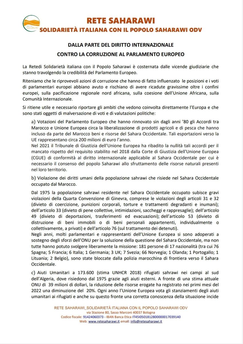 ReteSaharawi's tweet photo. La Rete di Solidarietà italiana con il Popolo Saharawi è costernata dalle vicende giudiziarie che stanno travolgendo la credibilità del Parlamento Europeo.
#saharawi #retesaharawi #parlamentoeuropeo #saharalibre #autodeterminazione
Qui ⤵️ il nostro comunicato. https://t.co/rsb2g909dT