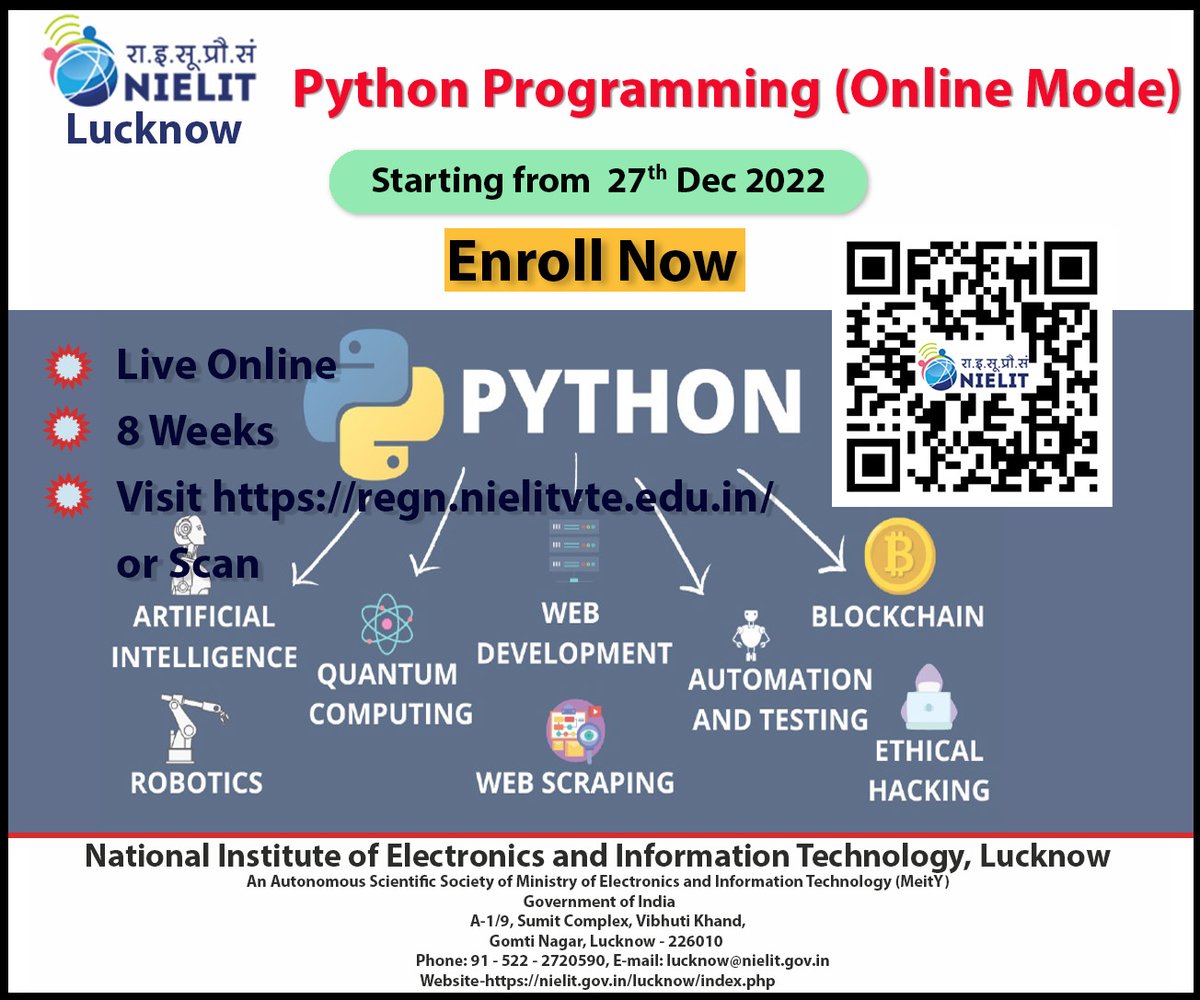 LNW_NIELIT's tweet photo. NIELIT Lucknow is starting Python Programming (Online Mode) course from  27 December. https://t.co/zUrJViuypi