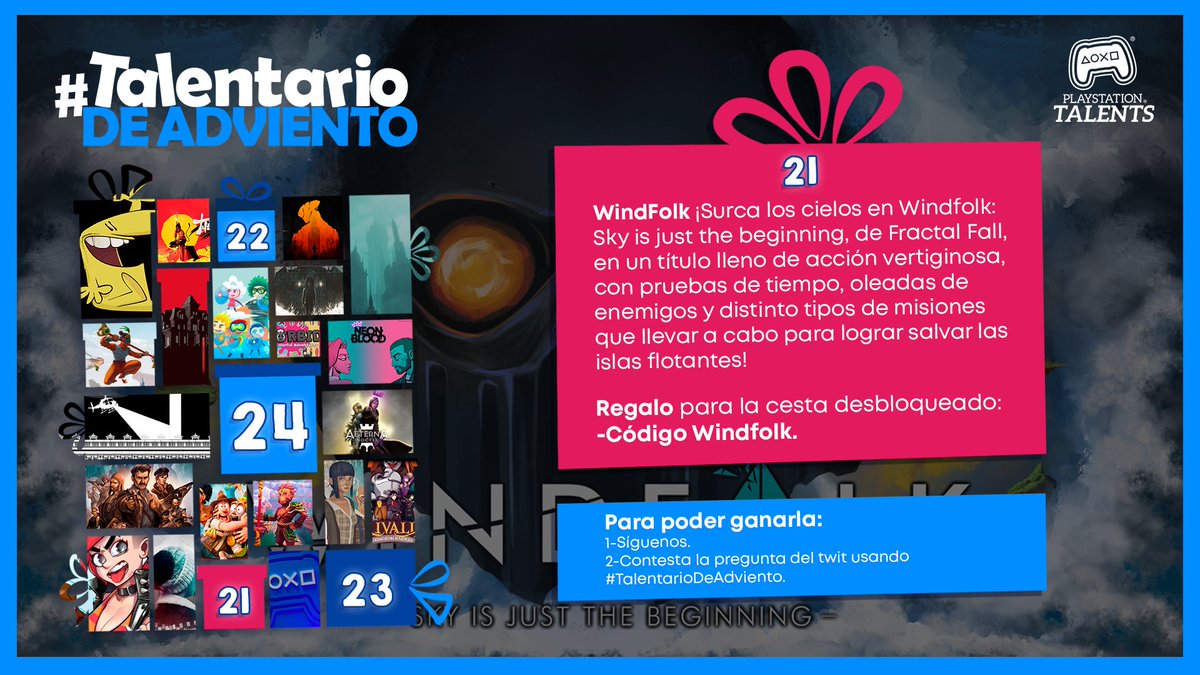 PSTalents's tweet photo. 📢¡#Windfolk (@Windfolk) se une al #TalentarioDeAdviento!
Sigue el Talentario de adviento🎁, cada día se desvelan más regalos.
Para ganarla👇
1⃣Síguenos.
2⃣Comenta usando #TalentarioDeAdviento el juego más frenético al que has jugado.
¡Participa cada día! https://t.co/kQpKCQU0QW