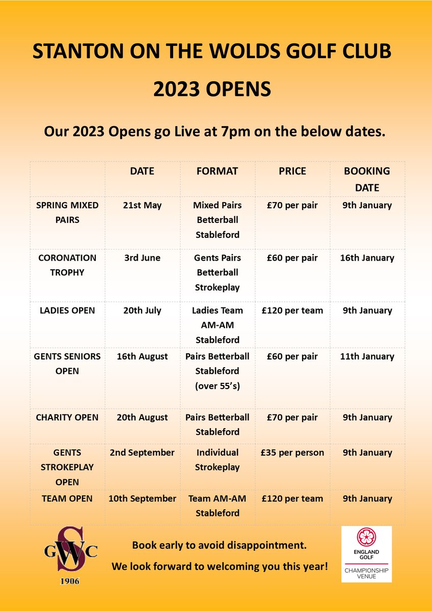 2023 OPEN COMPETITIONS

Our 2023 Opens go live for booking early in the new year. Please see the poster for specific dates.

howdidido.com/Directory/Open…

We look forward to welcoming you to Stanton on the Wolds Golf Club in 2023.
