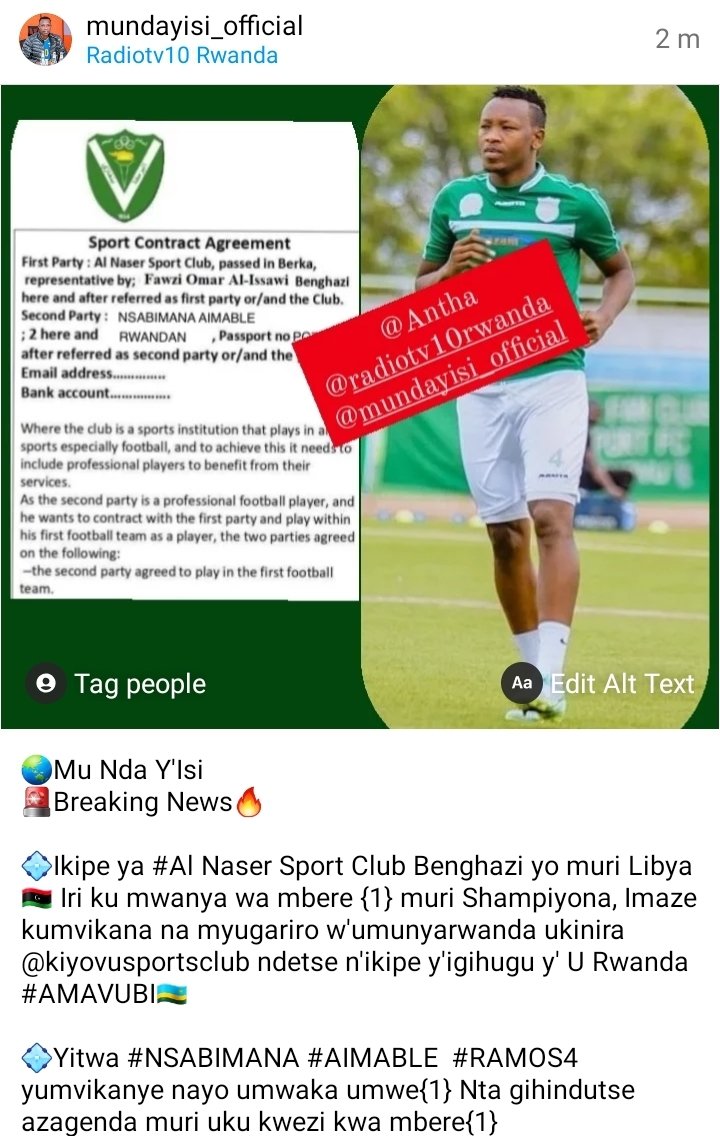AntaMucyo's tweet photo. 🌏Mu Nda Y'Isi
🚨Breaking News🔥
💠Ikipe ya #Al Naser Sport Club Benghazi yo muri Libya🇱🇾 Iri ku mwanya wa mbere {1} muri Shampiyona, Imaze kumvikana na myugariro w'umunyarwanda ukinira @SCKiyovuSports
💠Yitwa #NSABIMANA #AIMABLE #RAMOS4 yumvikanye nayo umwaka umwe{1} https://t.co/Y6yK4aAppo
