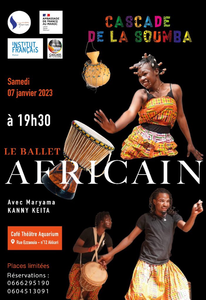 Théâtre Aquarium et  Cascade de la soumba vous proposent de vivre une soirée festive au son des tambours et aux rythmes des percussions par leur spectacle “Le ballet Africain”
Réservez votre place pour le samedi 07 Janvier au café-théâtre d’Aquarium