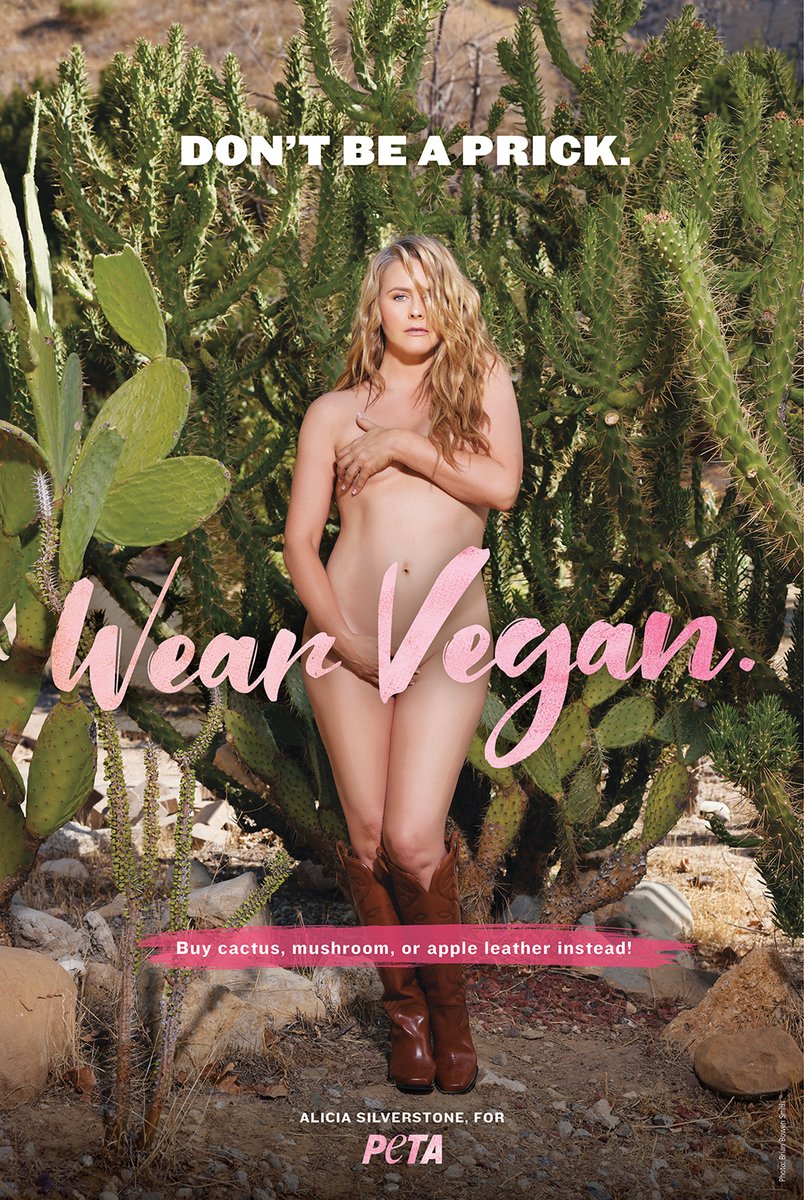 PETA UK (@petauk) on Twitter photo Wear leather made from cows? As if! 😏 <a href="/aliciasilv/">Alicia Silverstone</a> is baring all to make a point: cactus, apple and mushroom leather is kinder to animals AND the planet. 🌵 petauk.org/dontbeaprick Wear leather made from cows? As if! 😏 <a href="/aliciasilv/">Alicia Silverstone</a> is baring all to make a point: cactus, apple and mushroom leather is kinder to animals AND the planet. 🌵 petauk.org/dontbeaprick