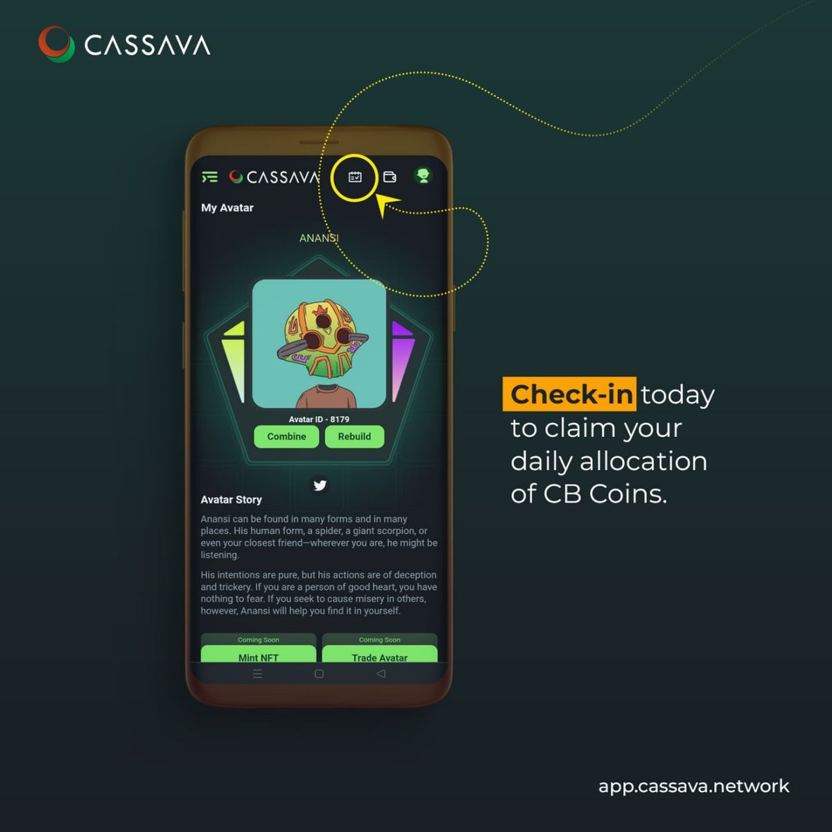 OfficialCassava's tweet photo. ✅Have you claimed your 💰CB coins today?

💪Check-in everyday to claim your daily allocation of CB coins.

To check-in, all you need to do is:👇

🌟Log into https://t.co/Ax2j3JX6Xf with your email.
🌟Click the icon with a pointer in the image below.

#Web3 #Blockchain #Crypto https://t.co/Xqf7kibpOi
