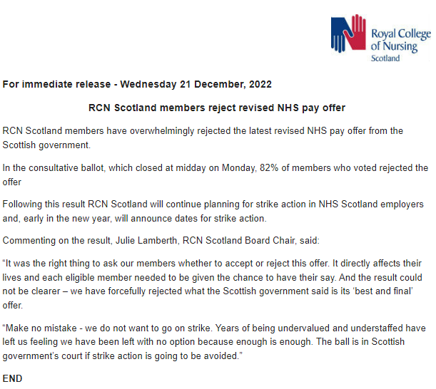 ChrisMusson's tweet photo. Nurses in Scotland have rejected average 7.5% pay offer from the Scottish Government. Strike dates to be announced in the New Year, RCN says. Strikes in Scotland had been put on hold while members were consulted https://t.co/QlmpUU0whJ