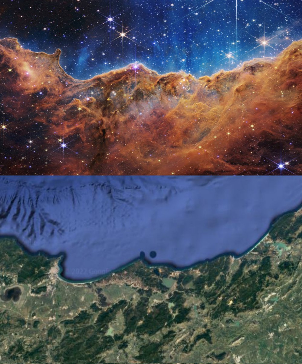 TerribleMaps's tweet image. Image of the Carina Nebula from the James Webb space telescope matching the Eastern coast of Algeria 

By u/WichaelCrow on Reddit