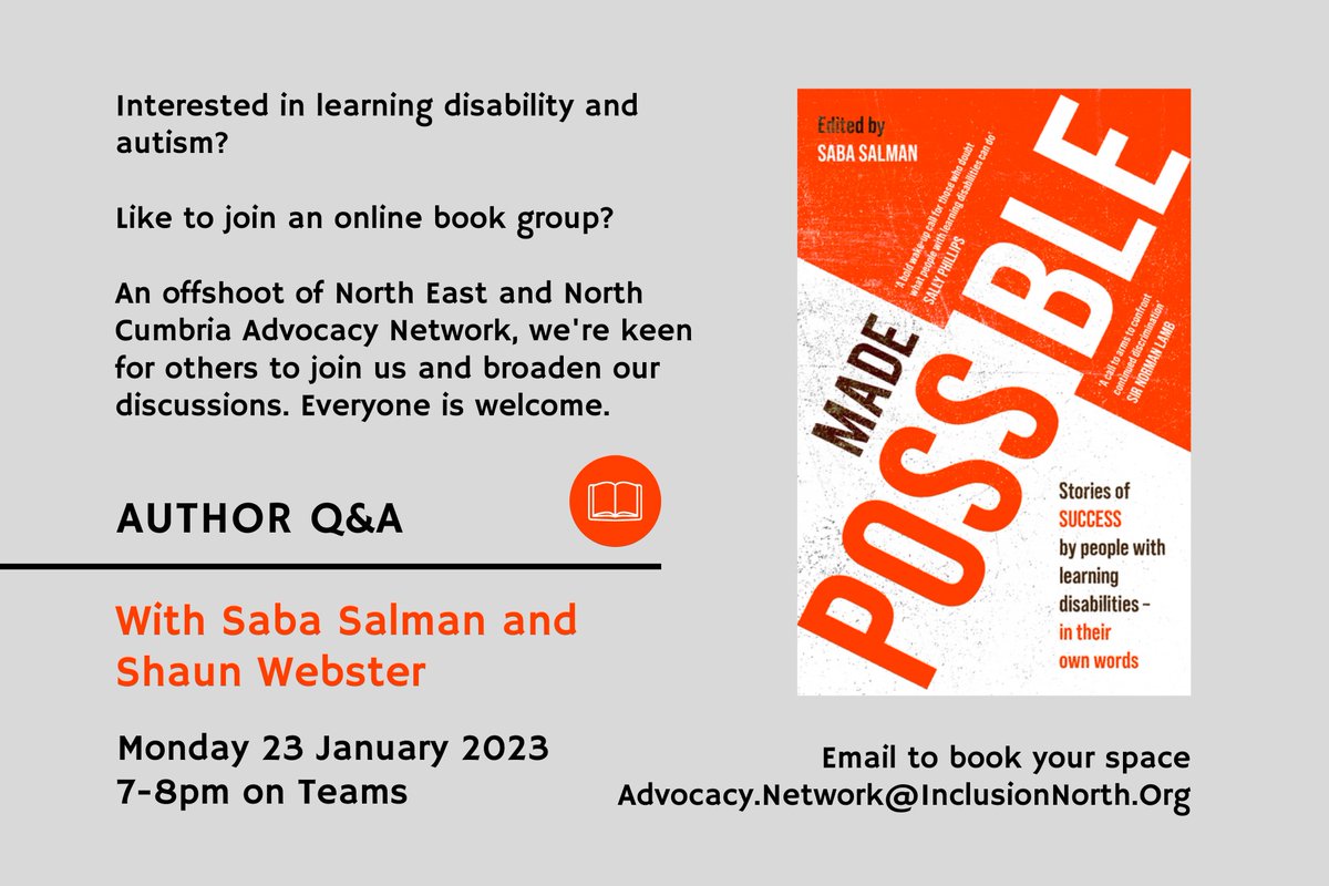InclusionNorth's tweet photo. @InclusionNorth and @GeorgeJulian are doing work together around advocacy. Join their online book group session online on Monday 23rd January at 7pm until 8pm, with @Saba_Salman and @MbeShaun
Email advocacy.network@inclusionnorth.org to book your place 
#inclusion #advocacy https://t.co/D2lOd6Fm4u
