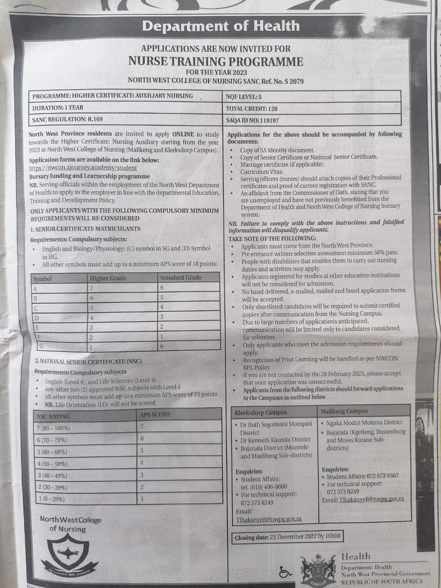 DEPARTMENT OF HEALTH NURSE TRAINING PROGRAMME 2023.

CLOSING DATE:23 DECEMBER 2022 @4PM

#NORTHWESTTIMES 
#PEOPLEMUSTKNOW