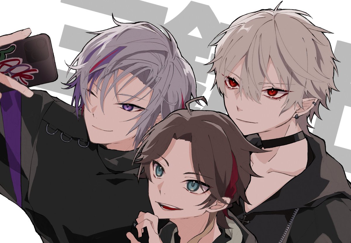 kuzuha (nijisanji) male focus multiple boys 3boys red eyes pointy ears streaked hair purple hair  illustration images