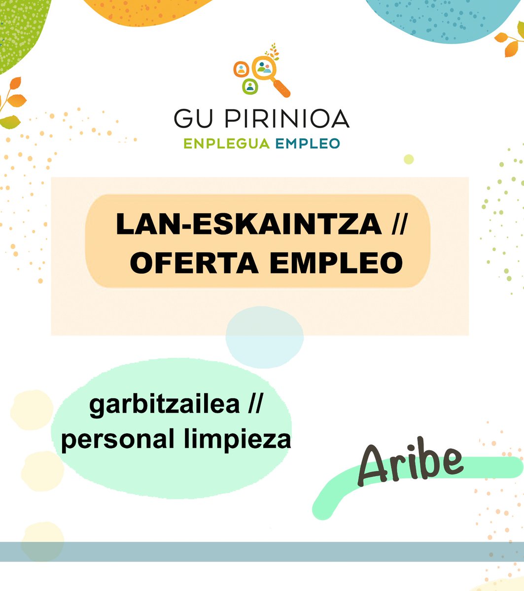 Pirinioan eskaintza bat baino gehiago dago, Aribeko garbiketarako azken eskaintza, astean hiru egunetan, ordubete egunean.

Hay varias ofertas en el Pirineo, la última para limpieza en Aribe tres días por semana una hora diaria.

Más info: empleo.gupirinioa.eus/es/ofertas-de-…