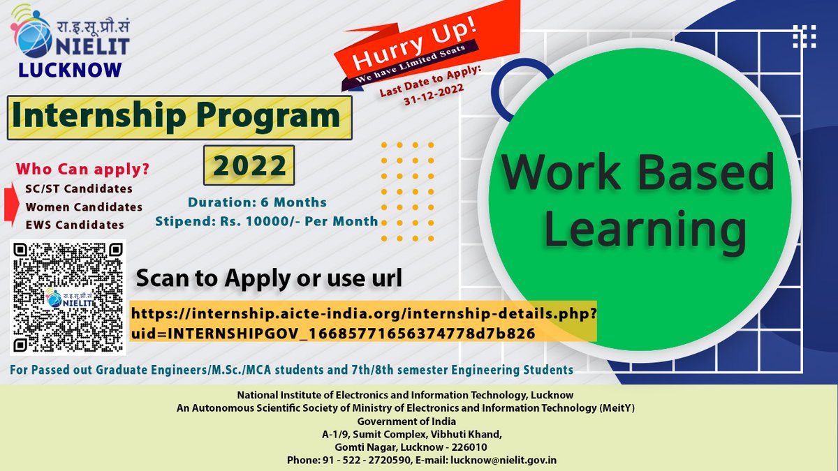 LNW_NIELIT's tweet photo. AICTE Internship - Work Based Learning in NIELIT Lucknow. https://t.co/BlBiUyDkxD