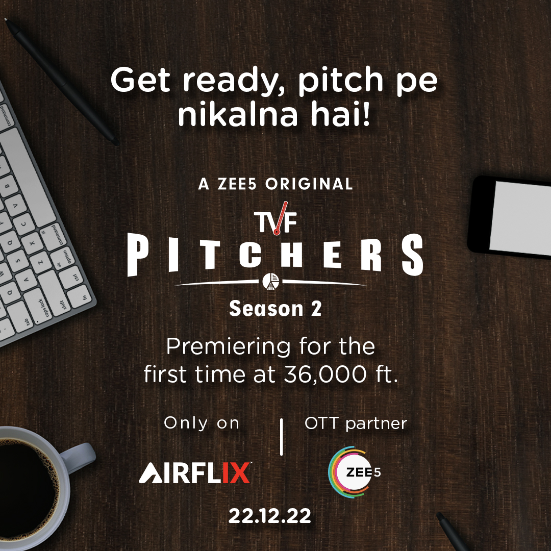 AirIndiaX's tweet photo. Experience the first-ever aerial premiere of TVF Pitchers S2 at 36000ft. Fly with us and be part of a never-before-seen moment. Get a chance to meet the Pitchers cast on your flight from Delhi to Bengaluru on 22nd December! #PitchersOnAirFlix #FunOfFlying #EntertainmentElevated https://t.co/bXLGkbl5FF
