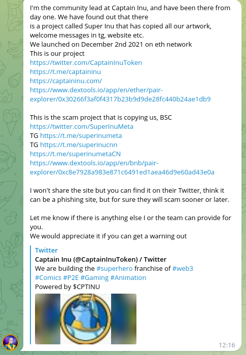 LtdGnu's tweet photo. @jreentertain @TheShibLord1 @SuperInuMeta @CaptainInuToken NO, I have the info from the actual project devs - Originalwhite and Satoshi House (CaptainInu project lead). https://t.co/jq1EAD5P0k
