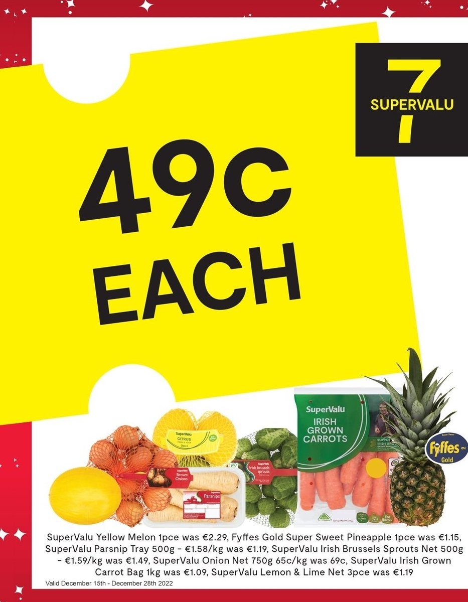 🎄 🦌 Share the Magic! 🦌 🎄 

💛 SuperValu 7 🍍🟢🥕⚪️🟡🧅🍋

Valid Thurs 15th - Wed 28th December 2022. #QueallysSupervalu #Killaloe #Ballina #ShopLocalThisChristmas