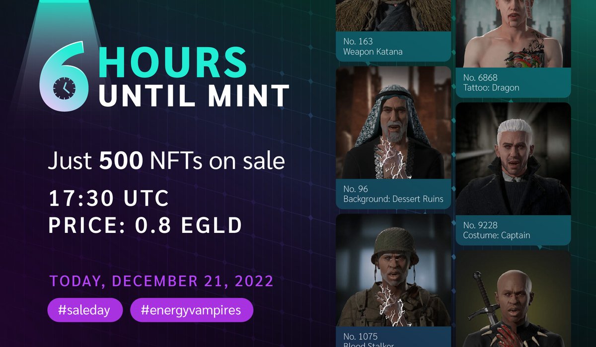 Update: 6 Hours Until the Public Sale

 💵Price : 0.8 EGLD

 📌Phase 2 : 500 NFTs

 📅Today : 17:30 UTC, 18:30 CET, 19:30 EET

Join Discord : discord.gg/BT42SEbsYW
Mint Link : xoxno.com/buy/EnergyVamp…