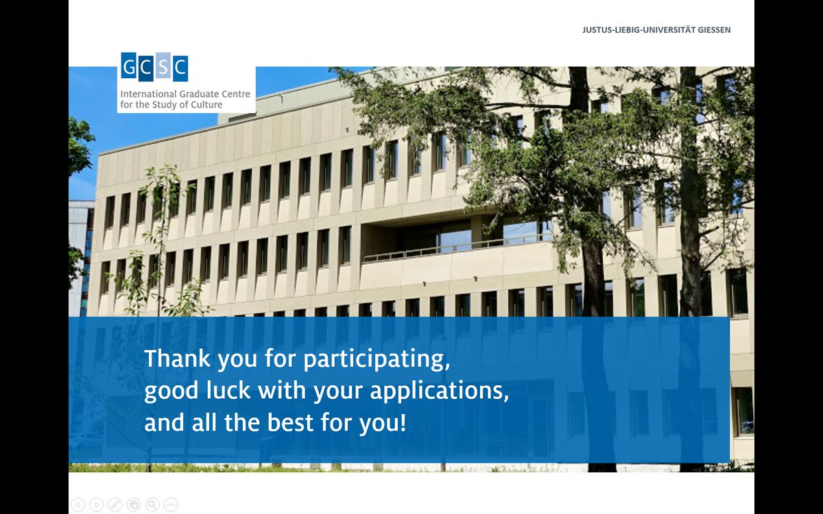 GCSC_JLU's tweet photo. Today, we held our Digital #GCSCinfoday w/ prospective new #GCSCdocs. 👩‍🎓👨‍🎓 After a day full of information on all things PhDing in the international &amp; interdisciplinary #StudyofCulture, we want to thank all participants for joining us. We hope to see you again soon! 👋
#phdlife https://t.co/UH2qq0NhRx