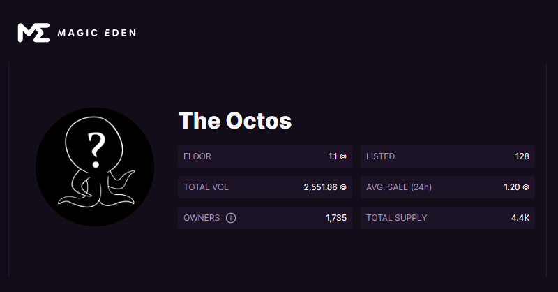 Octo8gaming's tweet photo. Gm! 💜
What a lovely day to start, waking up to a 1.1 $SOL FP! 😍
#TheOctos #NFTCommunity 🐙 https://t.co/DsYJB7ArhK
