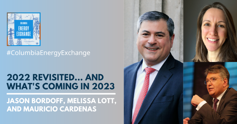 ColumbiaUEnergy's tweet photo. 🎧 In this 2022 wrap-up of #ColumbiaEnergyExchange, host @bill_loveless is joined by CGEP experts @JasonBordoff, @mclott &amp; @MauricioCard. Together, they discuss the year's biggest moments at the intersection of energy, policy &amp; geopolitics.

Listen now ➡️ https://t.co/nTTSPI4B87