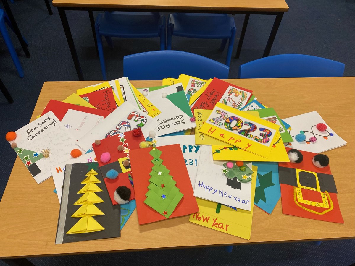 Beautiful, colourful and welcoming Christmas cards made by children at Coop Academy Leeds for men seeking asylum and living in a hotel in Leeds. Thank you!