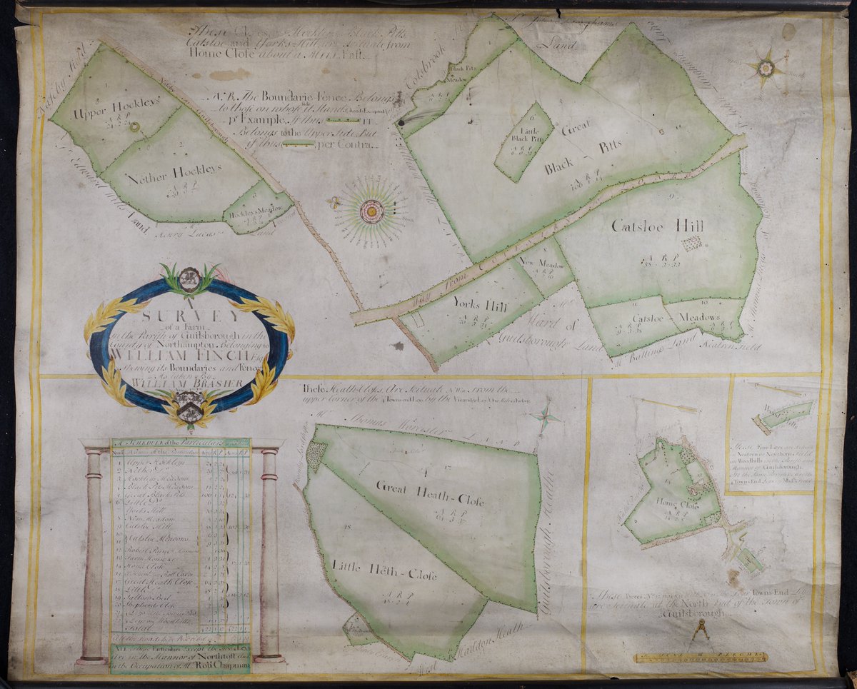 NorthantsPast's tweet image. Survey of farms belonging to William Finch, Guilsborough. Surveyor: William Brasier. 1727.
Reference: Map/637