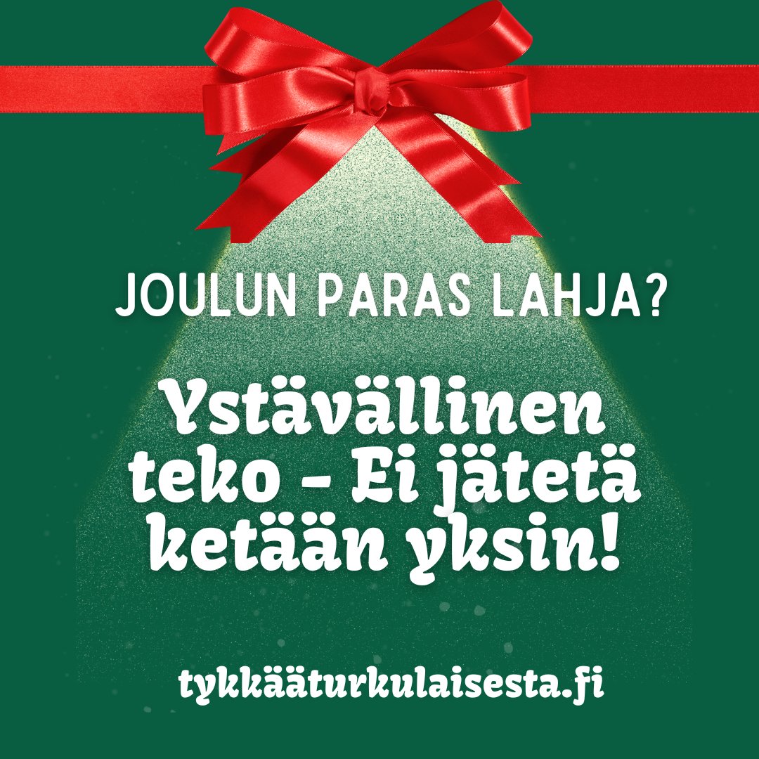 #TykkääTurkulaisesta haastaa Sinut mukaan tuottamaan hyvää joulumieltä.
Osallistuminen on helppoa – pieni ystävällinen teko riittää! Toivota hyvää joulua naapureille tai hymyile - hymy tarttuu muihinkin!
Hyvää joulua!
<a href="/tukenasi/">Tukenasi ry</a> @turkukaupunki <a href="/turunsrk/">Turun seurakunnat</a> @louhosdigital @lahde_liike