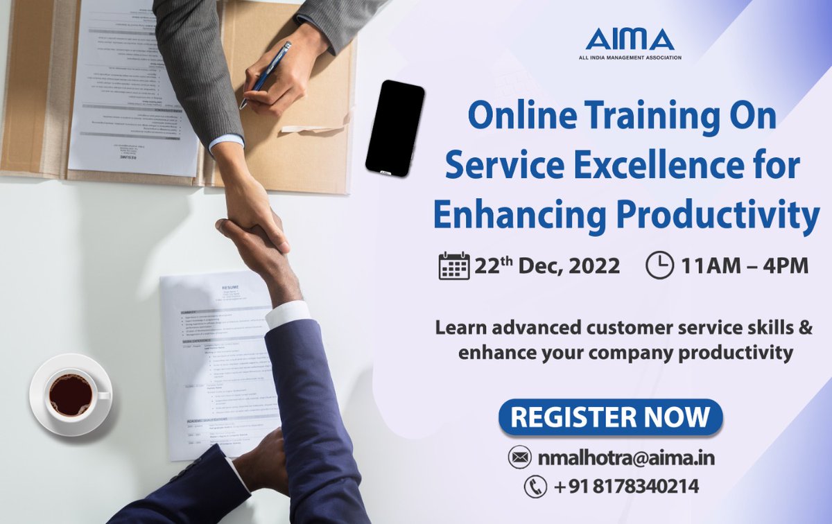 aimaindia's tweet photo. AIMA is organising an Online Training on ‘Service Excellence For Enhancing Productivity’ to help participants learn about shaping their own customer services guidelines &amp; creating strategies that fit their business &amp; customers. 

Register- nmalhotra@aima.in 

#AIMATraining https://t.co/bb7zaEWKvZ