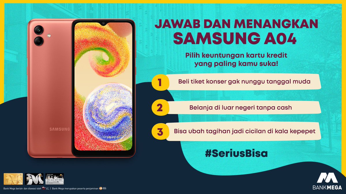 BankMegaID's tweet photo. 📢 MAU HP SAMSUNG A04?

Ikuti caranya:
1. FOLLOW @bankmegaid
2. RT &amp; LIKE tweet ini
3. REPLY pernyataan pilihanmu dan sertakan hashtag #SeriusBisa SEBANYAK-BANYAKNYA
4. Contoh jawab: Pake kartu kredit, #SeriusBisa belanja di luar negeri tanpa cash

Periode: 21 Des 2022-4 Jan 2023 https://t.co/aWbdn9AwRZ