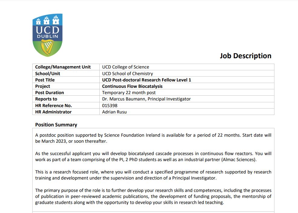 Baumann Research Group (@baumanngroupucd) on Twitter photo Postdoc position available in our group!
The 22-month position in conjunction with <a href="/AlmacGroup/">Almac Group</a> will focus on continuous flow biocatalysis.
Application deadline: January 16th. Start date: early 2023. Apply at my.corehr.com/pls/ucdrecruit…, reference 015398
<a href="/ucdchemistry/">UCD Chemistry</a> <a href="/ucdscience/">UCD Science</a> Postdoc position available in our group!
The 22-month position in conjunction with <a href="/AlmacGroup/">Almac Group</a> will focus on continuous flow biocatalysis.
Application deadline: January 16th. Start date: early 2023. Apply at my.corehr.com/pls/ucdrecruit…, reference 015398
<a href="/ucdchemistry/">UCD Chemistry</a> <a href="/ucdscience/">UCD Science</a>