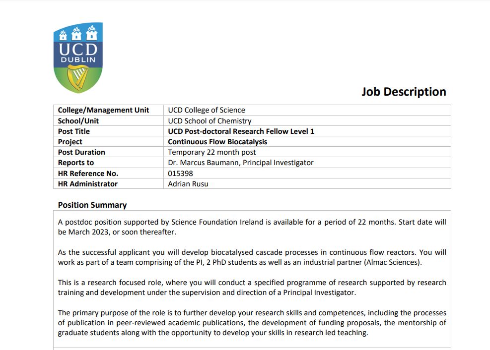 Postdoc position available in our group! The 22-month position in conjunction with @AlmacGroup will focus on continuous flow biocatalysis. Application deadline: January 16th. Start date: early 2023. Apply at my.corehr.com/pls/ucdrecruit…, reference 015398 @ucdchemistry @ucdscience