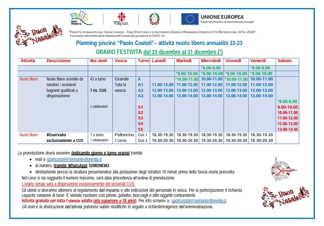 Orario dal 23 al 31 dicembre.
Guarda il volantino e prenota.
#sportpertutti
#nuotoliberogratuito
#piscinaCostoli