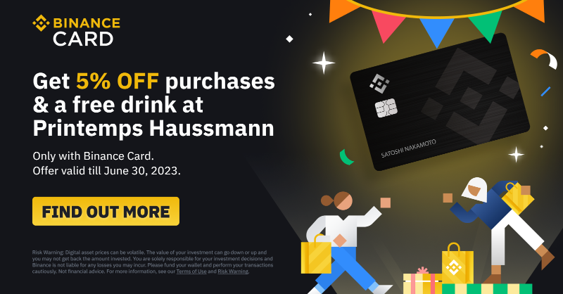 binance's tweet photo. Ready to go Christmas shopping in Paris? 🇫🇷

Enjoy 5% off purchases, and a free drink at Printemps Haussmann when you download the e-invite and show your #Binance Card upon registration.